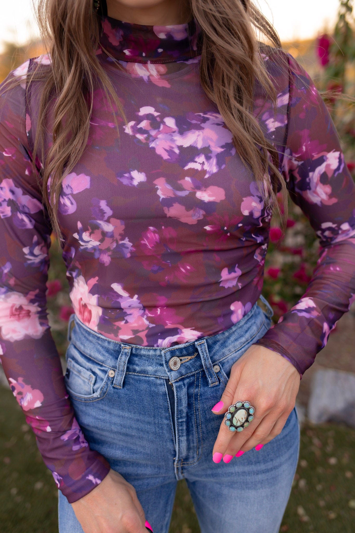 Petal Promise High Neck Ruched Floral Mesh Top
