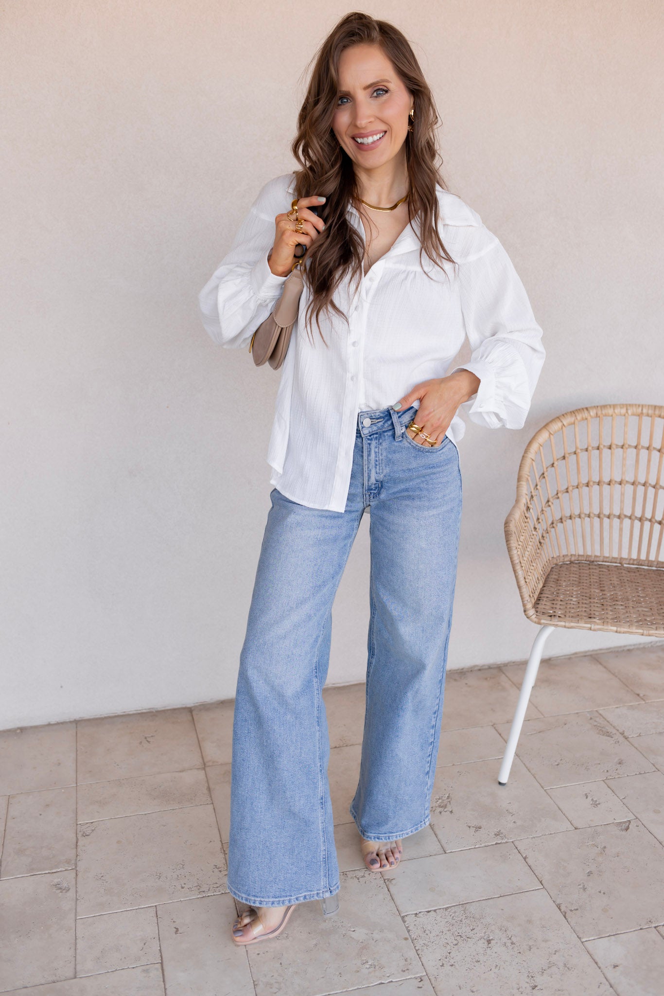 Let Loose Textured Lantern Sleeve Button Down