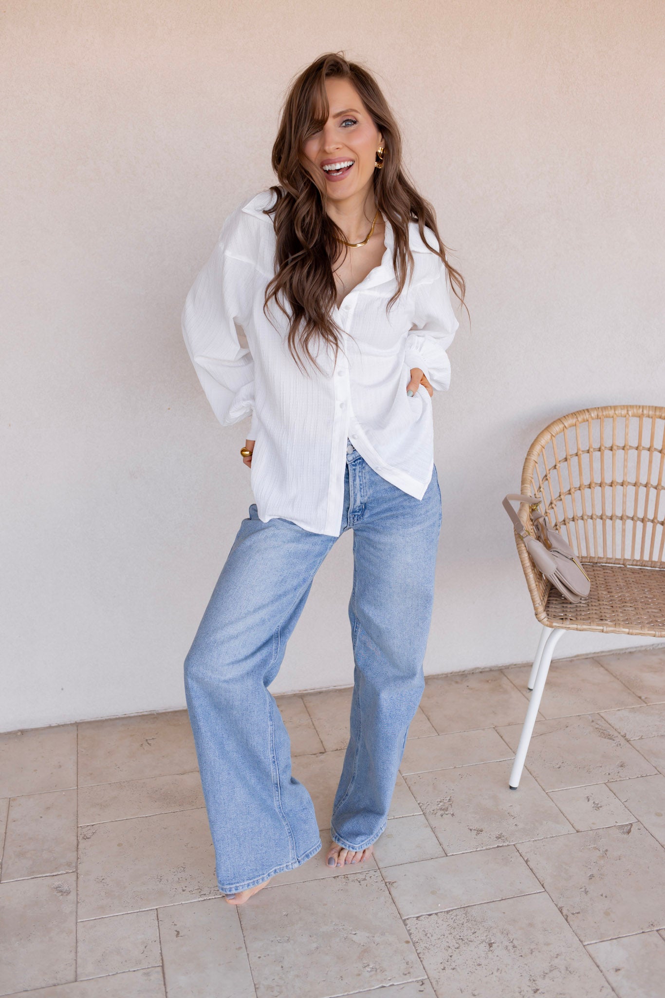Let Loose Textured Lantern Sleeve Button Down