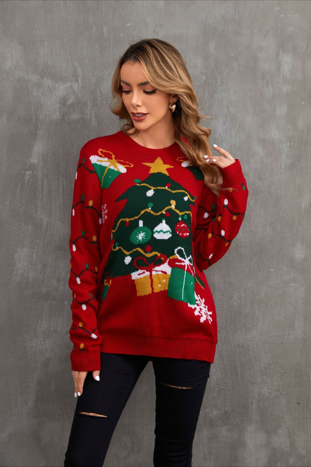 Cozy Color Block Xmas Tree Print Sweater