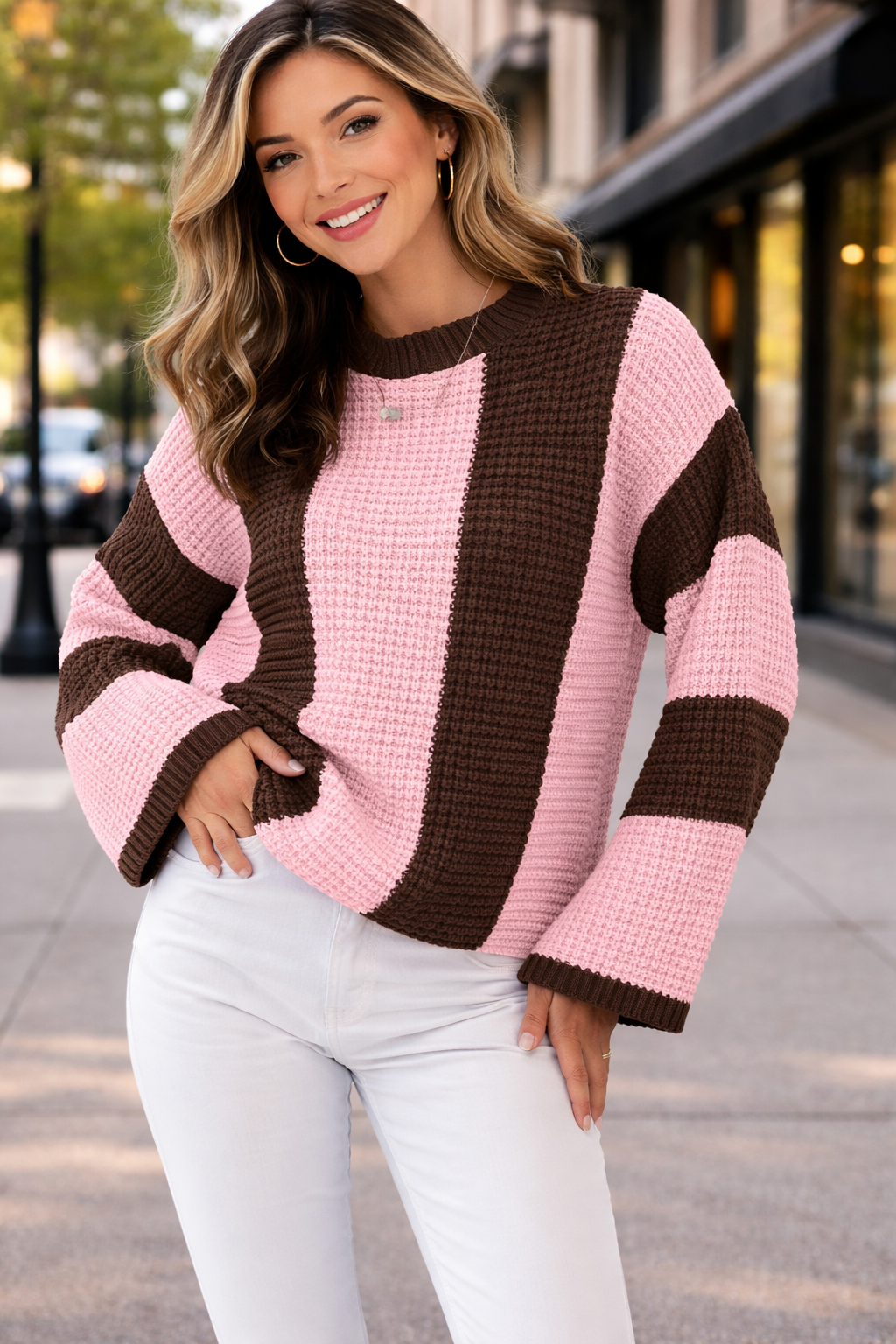 Striped Color Block Thermal Textured Knit Drop Shoulder Sweater