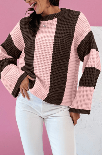 Striped Color Block Thermal Textured Knit Drop Shoulder Sweater