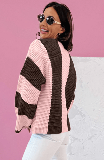 Striped Color Block Thermal Textured Knit Drop Shoulder Sweater