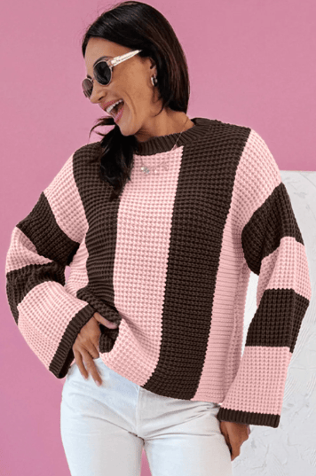 Striped Color Block Thermal Textured Knit Drop Shoulder Sweater
