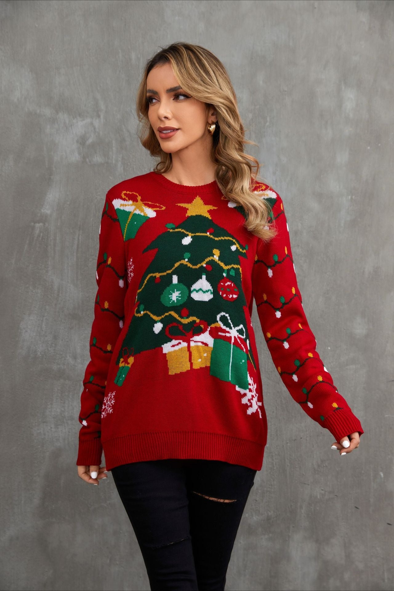 Cozy Color Block Xmas Tree Print Sweater