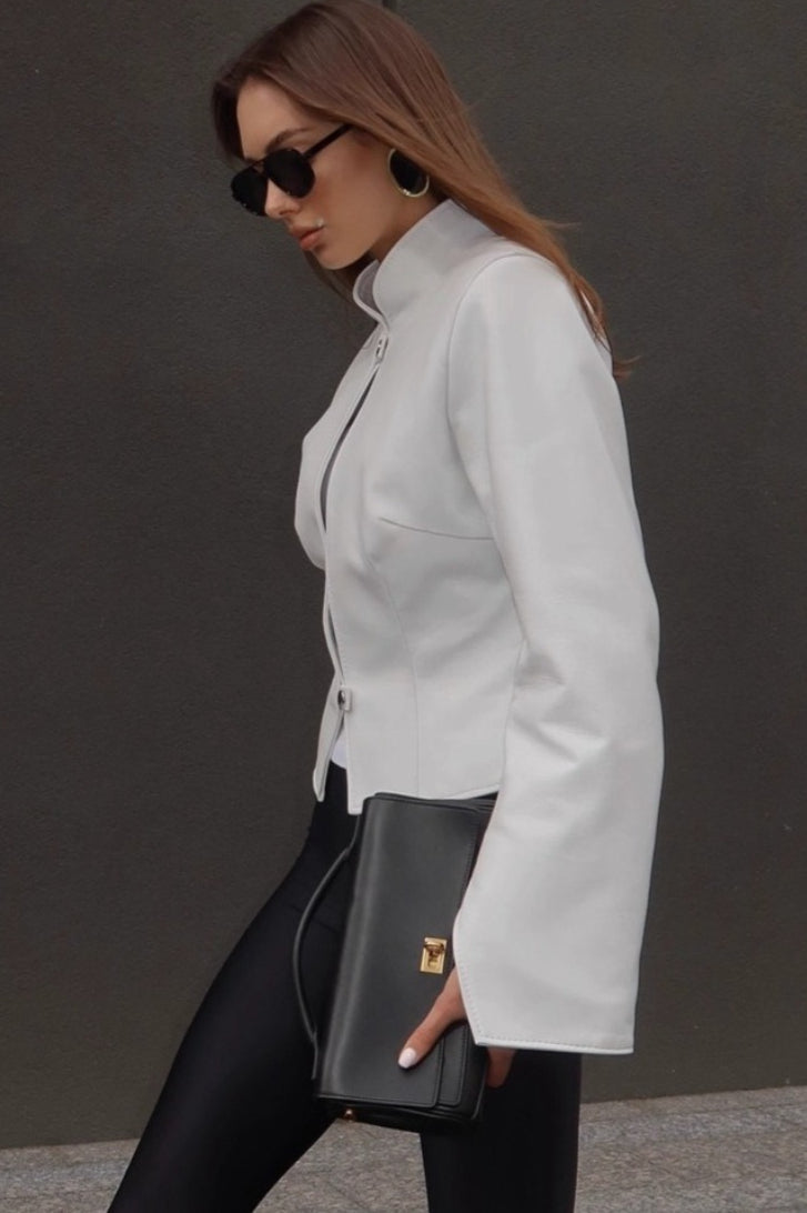 Stand Collar Fitted Leather Jacket