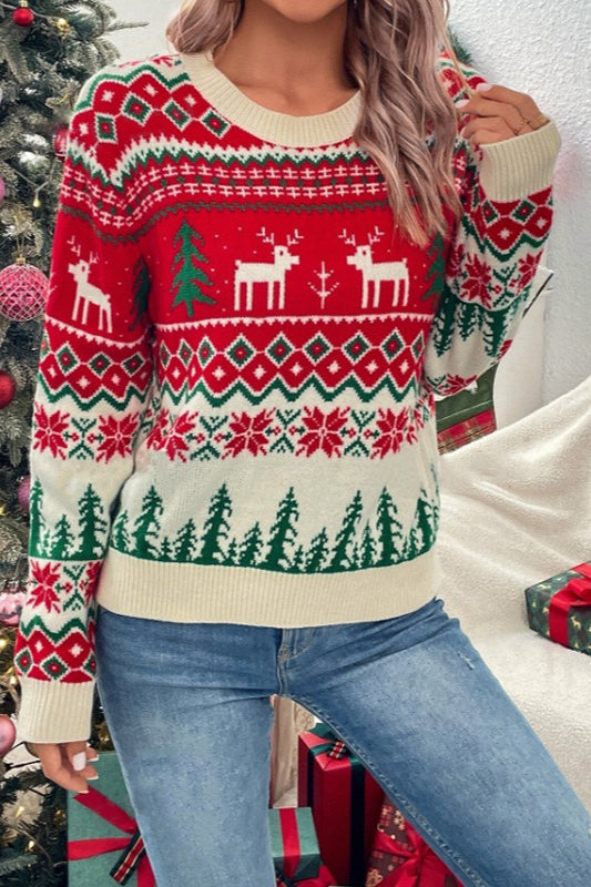Style Color Block Crew Neck Cartoon Sweater