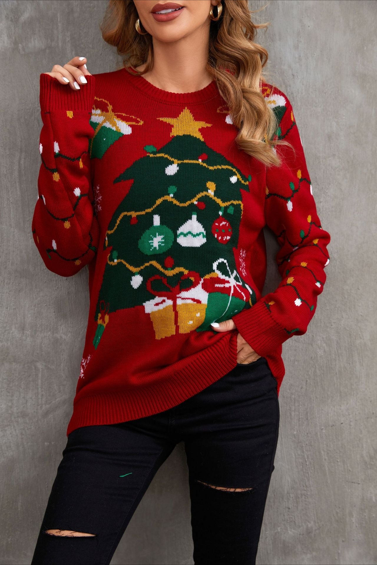 Cozy Color Block Xmas Tree Print Sweater